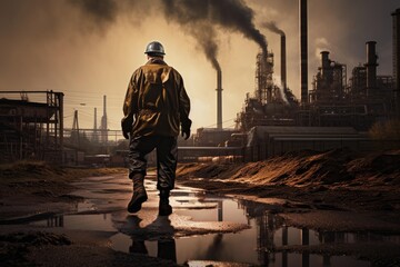 Fototapeta premium Industrial worker walking on a dirty path, reflecting climate impact from a busy factory