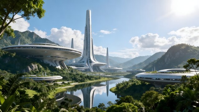 Futuristic alien architecture in lush valley