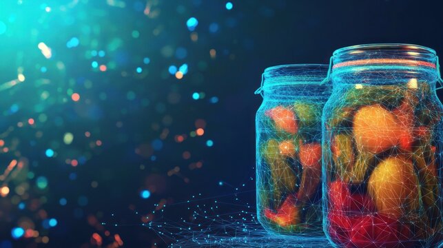Two glass jars filled with pickled vegetables, artistically rendered with a glowing, wireframe effect against a dark, bokeh background.