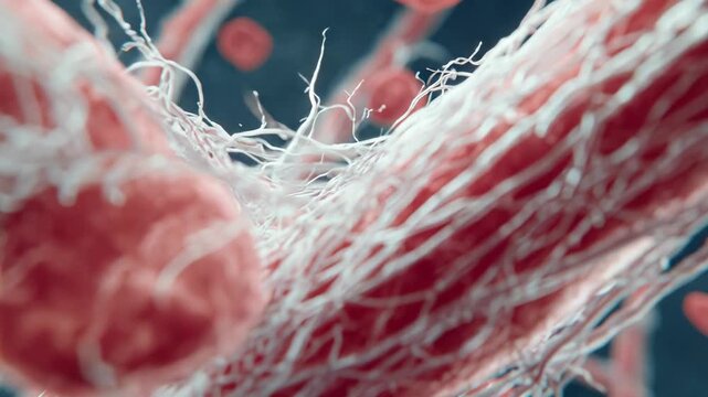 Blood cells trapped in a dense fibrin mesh form a dangerous thrombus, illustrating coagulation and vascular blockage that can lead to stroke, heart attack or organ damage