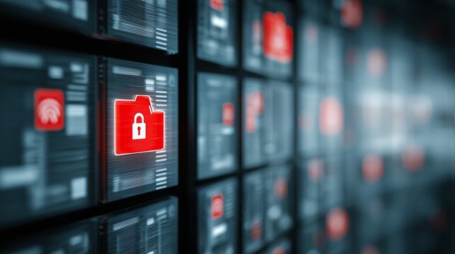 Server rack with red lock icon on screen symbolizing data breach vulnerability and network security risk.