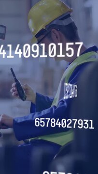 Vertical video: Plant op switching phone to radio, using panel, watching line with numbers floating
