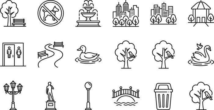 City Park and Public Garden Outline Icon Set Featuring Bench Fountain Trees Bridge Pathway and Urban Recreation Symbols Vector Line Art Design