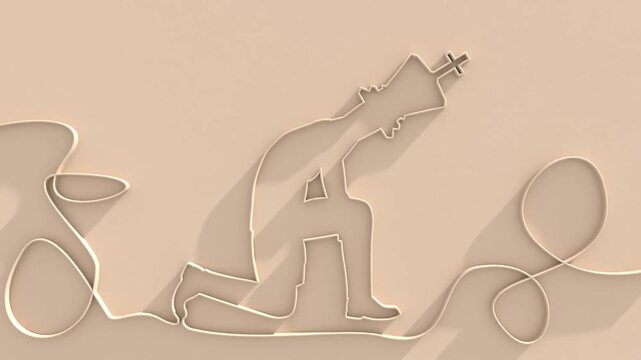 Silhouette of businessman with chess king head. Man kneeling sadness praying full length. Concept of hope and religion. Thin line style.