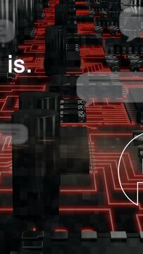 Vertical video: Forward camera moving causing PCB reveal, red traces, overlays sliding to demo bots