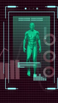Vertical video: HUD activating green 3D model walking as overlays sliding bars pulsing for analysis