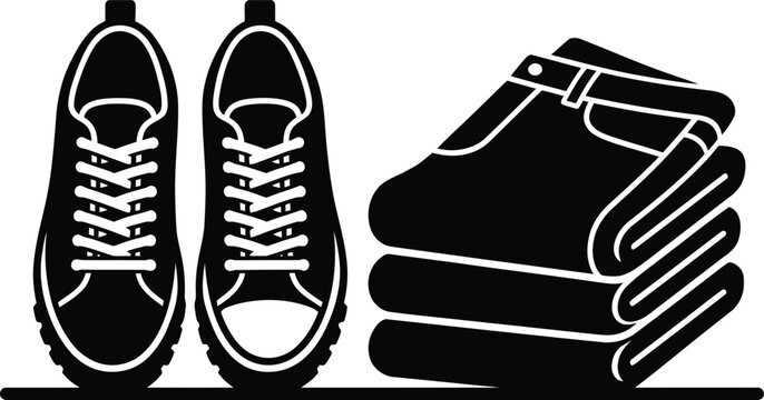 Pair of sneakers next to a stack of folded jeans with footwear icon, sneakers