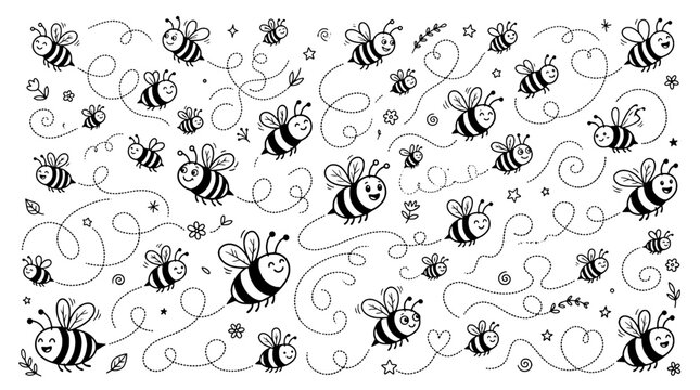 Bees doodle pattern with small flying insects and swirls, hand-drawn style for kids crafts and wallpaper design