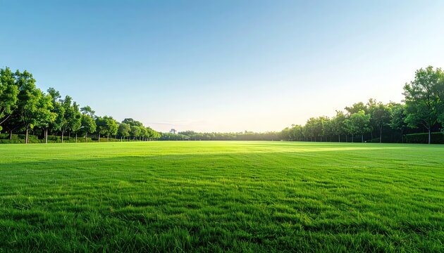 Vibrant green field under a clear blue sky with trees in the background