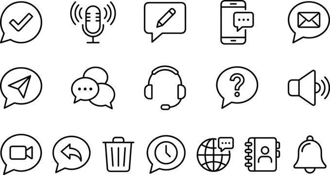 Communication and Messaging Thin Line Icon Set with Chat Speech Bubble Microphone Email Envelope Headset Video Camera and Paper Plane Vector Illustration