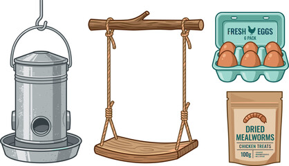 Chicken Coop Accessories Set with Hanging Feeder, Wooden Swing, Fresh Eggs, and Dried Mealworms for Poultry Farming and Backyard Hen Care © MSTFarjana