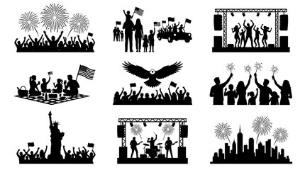 Obraz premium Collage of patriotic celebration silhouettes people gather with flags fireworks and music