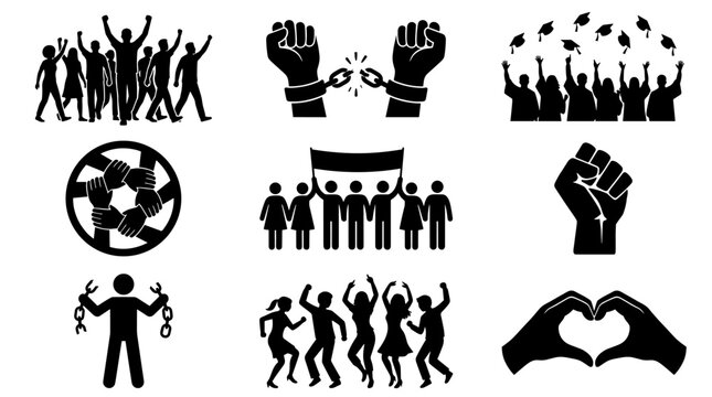 Set of human solidarity and fight for equality icons representing community freedom and success