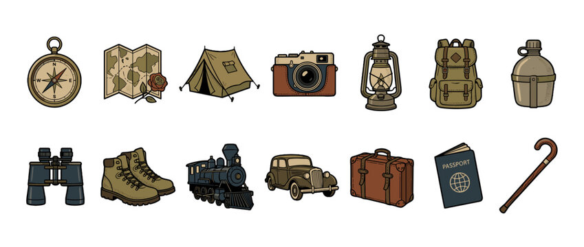 Collection of retro travel and adventure icons emphasizing exploration and vintage journey elements