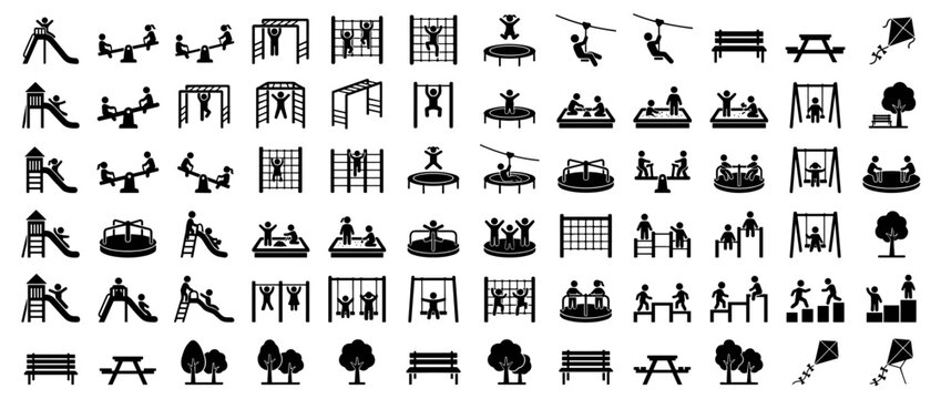 Set of Various Playground Equipment and Child Silhouettes Icons for Outdoor Leisure Activities