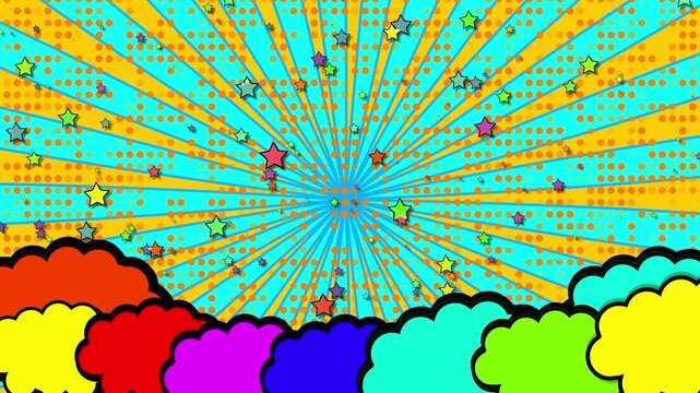 Animated comic book background with vibrant orange sunburst rays, blue halftone dots, and colorful speech bubble clouds at the bottom. Dynamic multicolored stars fall across the frame in an energetic 