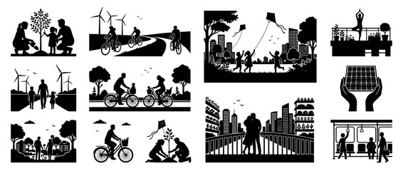 Fototapeta premium Collage of eco-friendly activities and sustainable living icons in silhouette