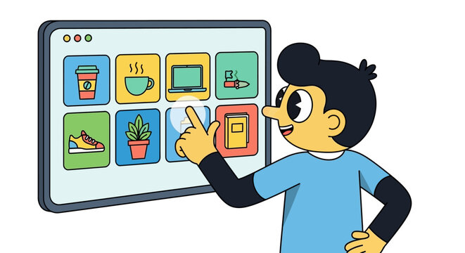 A cartoon boy interacting with a digital communication board.