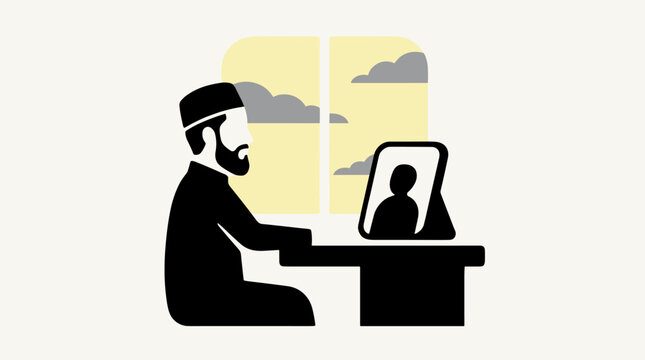 Man with beard and traditional cap sits at desk with framed picture by window calm atmosphere