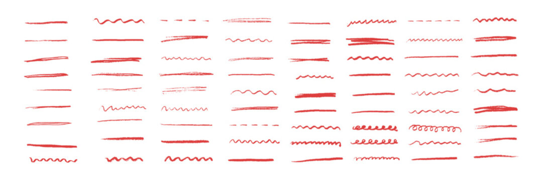 Line underline crayon and pencil brush red with emphasis highlight color. Doodle vector strike and wave pen through with under chalk felt. Stroke strikethrough frame and memo illustration sign.
