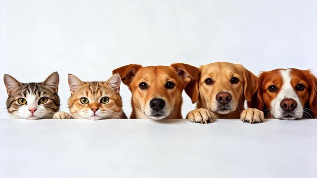cats and dogs peeking over surface