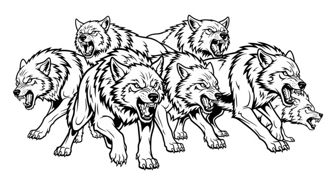 Fierce wolf pack illustration with aggressive wolves running and growling.