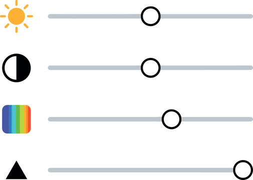 Photo Editing Adjustment Sliders for Exposure, Contrast, Saturation, and Sharpness Controls in Mobile Applications and Digital Design Interfaces