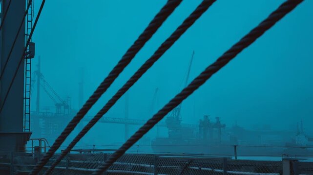 Industrial port scene featuring a large cargo ship, towering gantry cranes, and a bridge barely visible through the thick blue fog, with ropes framing the moody maritime atmosphere