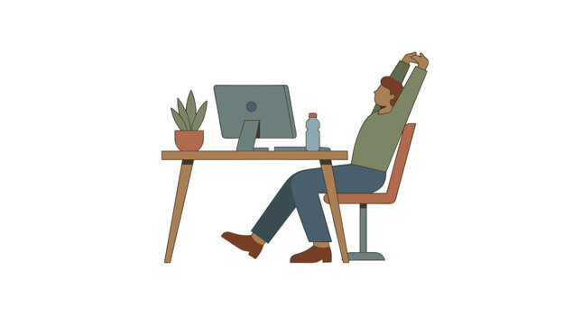 Illustration of a man stretching his arms behind his head while sitting at an office desk