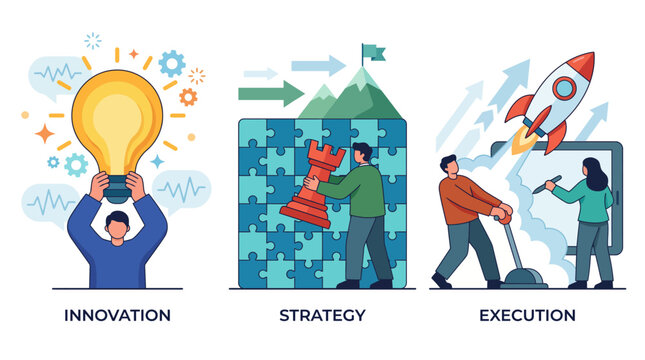 A dynamic representation illustrating the stages of innovation, strategy formulation, and execution, capturing the essence of success and teamwork in business.