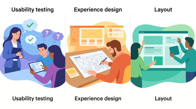Illustrations representing the user experience design process, focusing on usability testing and experience layout, highlighting the importance of user-centric design.