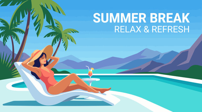 An idyllic summer vacation illustration showing a woman lounging by the pool with a cocktail, epitomizing relaxation, refreshment, and escape from the daily grind.