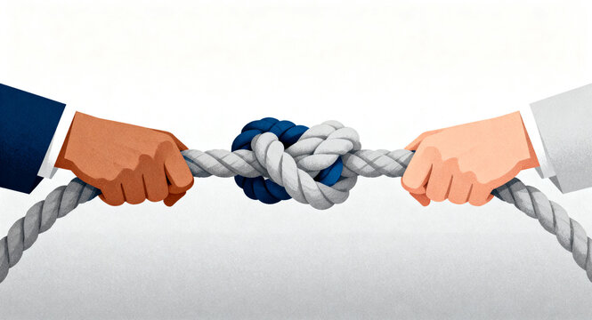 Conceptual illustration of two hands in a tug-of-war, symbolizing conflict and disagreement