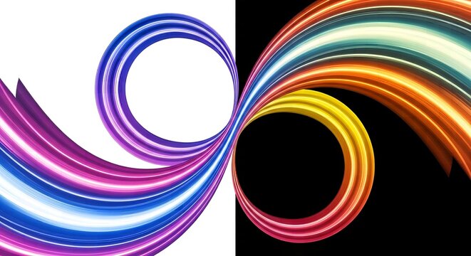 Abstract swirling colorful lines forming a spiral pattern on a split black and white background with abstract colorful background creative movement composition technique gradient