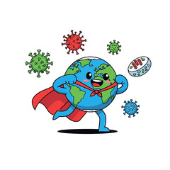Fototapeta premium Superhero Earth Defending Against Viruses: Cartoon Illustration