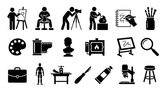 Comprehensive collection of art craft photography and creative hobby stick figure icons
