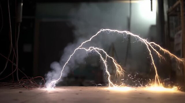 Electric discharge generating a powerful lightning bolt and vibrant sparks on a lab table, creating smoke and extreme heat within an industrial setting