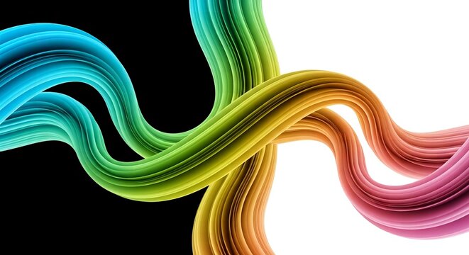 Dynamic flowing rainbow neon curves sweeping across split black and white frame with gradient abstract background colorful creative connection wallpaper technology visualization
