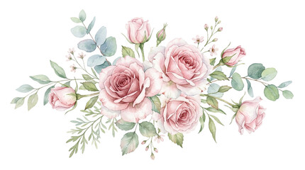 Fototapeta premium Watercolor pink rose bouquet with eucalyptus leaves, elegant floral arrangement for wedding invitations, soft pastel flower composition isolated PNG with Transparent Background