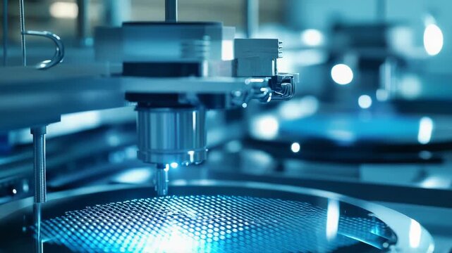 Automated machine with advanced technology meticulously processing a semiconductor wafer. Fabricating microchips and integrated circuits for the modern electronics industry in a cleanroom environment