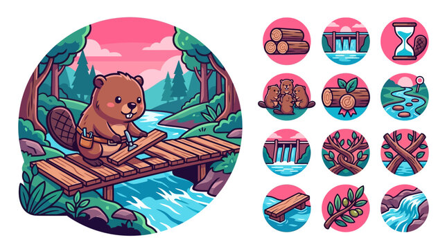 Cute chibi beaver character wearing a tool belt building a wooden bridge over a river in a forest landscape, including twelve circular nature and dam engineering icons in flat style.