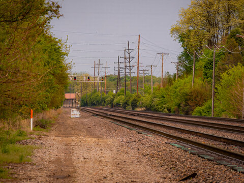 Vanishing point perspective of parallel railroad tracks with overhead power lines and signals framed by lush green trees under a hazy sky