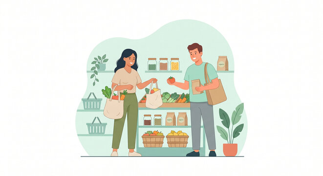 Sustainable Grocery Shopping Flat Illustration &ndash; Eco Lifestyle and Organic Market Concept