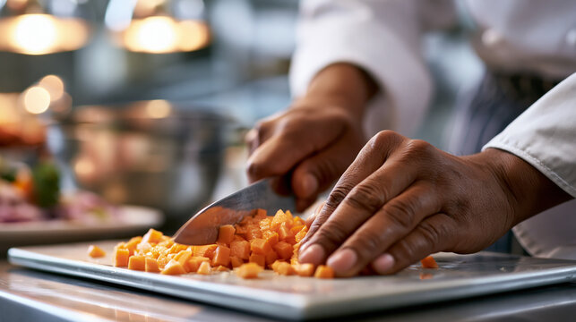 A pair of hands in chef's whites carefully brunoise dicing a bright vegetable on a clean chopping board in full kitchen light the knife moving in rapid precise strokes small
