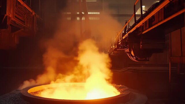 Molten hot metal glows intensely inside an industrial container at a modern metallurgy factory, creating steam and a powerful display of extreme heat and manufacturing processes