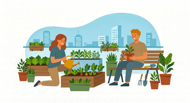 Rooftop Urban Garden Flat Illustration &ndash; Sustainable City Lifestyle and Eco Living Concept