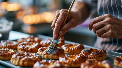 Fototapeta premium A pair of hands in a culinary apron carefully brushing a tray of pastries with a thin egg wash in a bright professional kitchen the brush leaving a glossy sheen on each piece