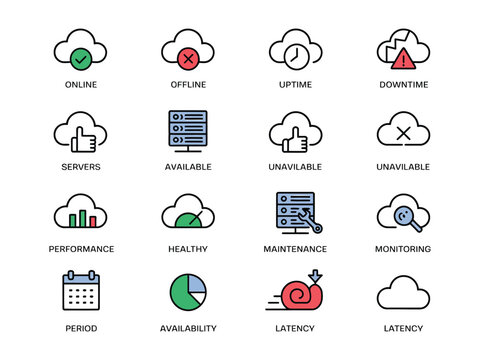 Service status icons featuring online uptime maintenance and system availability indicators vector illustration design for UI dashboard