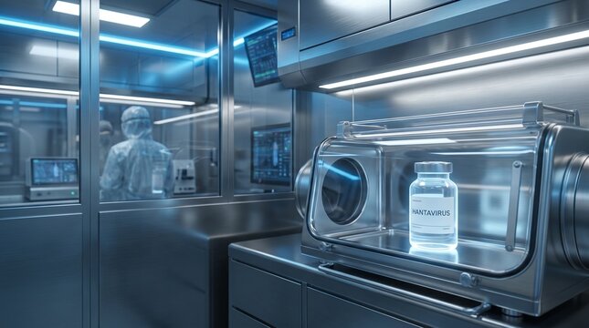 A Hantavirus vial is prominently displayed inside a sterile laboratory containment unit. A scientist in a hazmat suit works in the background.