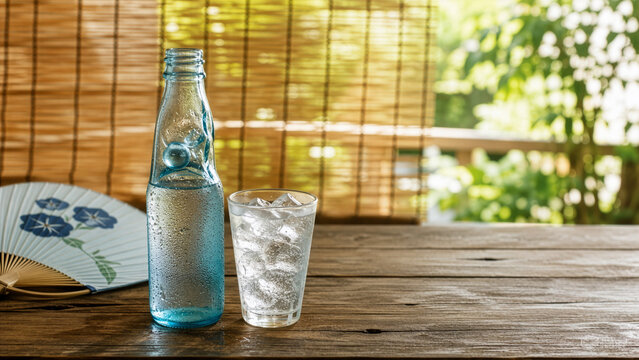ラムネ, 瓶, ガラス瓶, 清涼飲料, 炭酸飲料, 飲み物, 飲料, 夏, 日本の夏, 和風, 和の夏, 夏イメージ, 涼しい, 涼感, 清涼感, 冷たい, 氷, ガラスボウル, 冷やした飲み物, 水滴, 結露, 木製テーブル, テーブル, 青もみじ, もみじ, 団扇, うちわ, すだれ, 自然光, 爽やか, 透明感, 初夏, 夏休み, 季節感, 風物詩, リフレッシュ, ナチュラル, 静物, フ